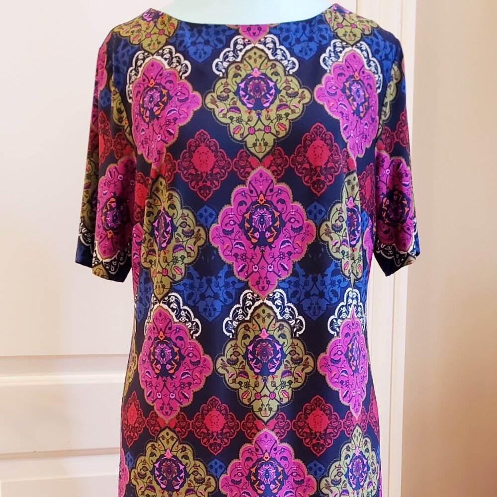 Chico's Pink and Green Raglan Sleeve Midi Dress - Size 1